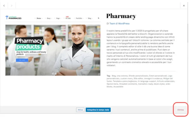 cancellare tema da pannello wordpress