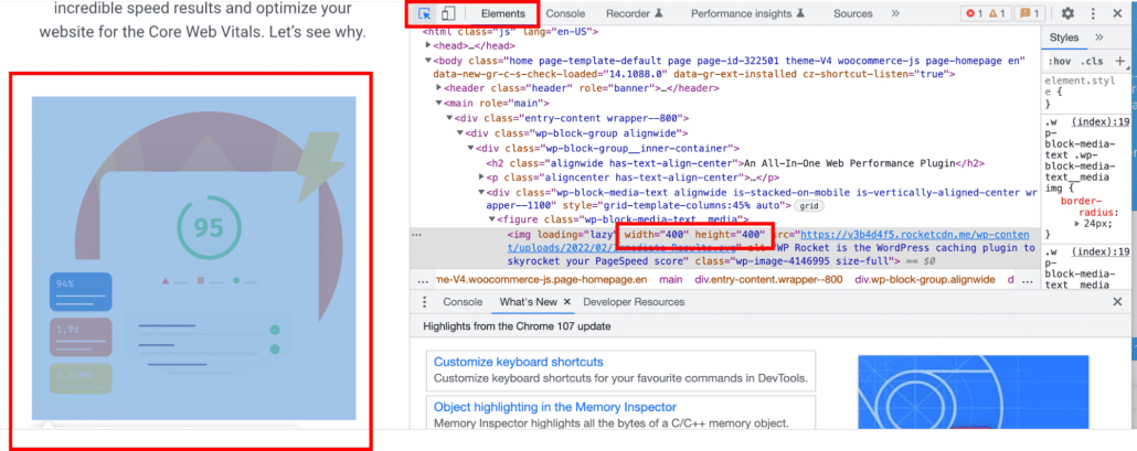 Identificare peso immagine da strumento-ispeziona Chrome DevTools 