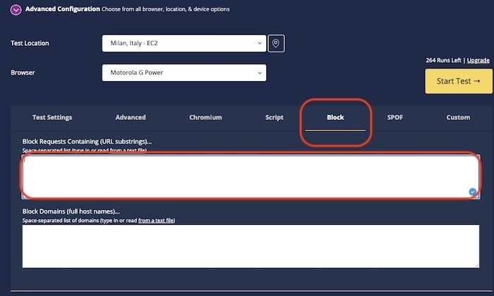 strumento blocca webpagetest