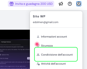 Il menu dell'icona del profilo mostra la possibilità di selezionare Condivisione dell'account